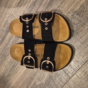 Women Black Sandals with Gold Buckles